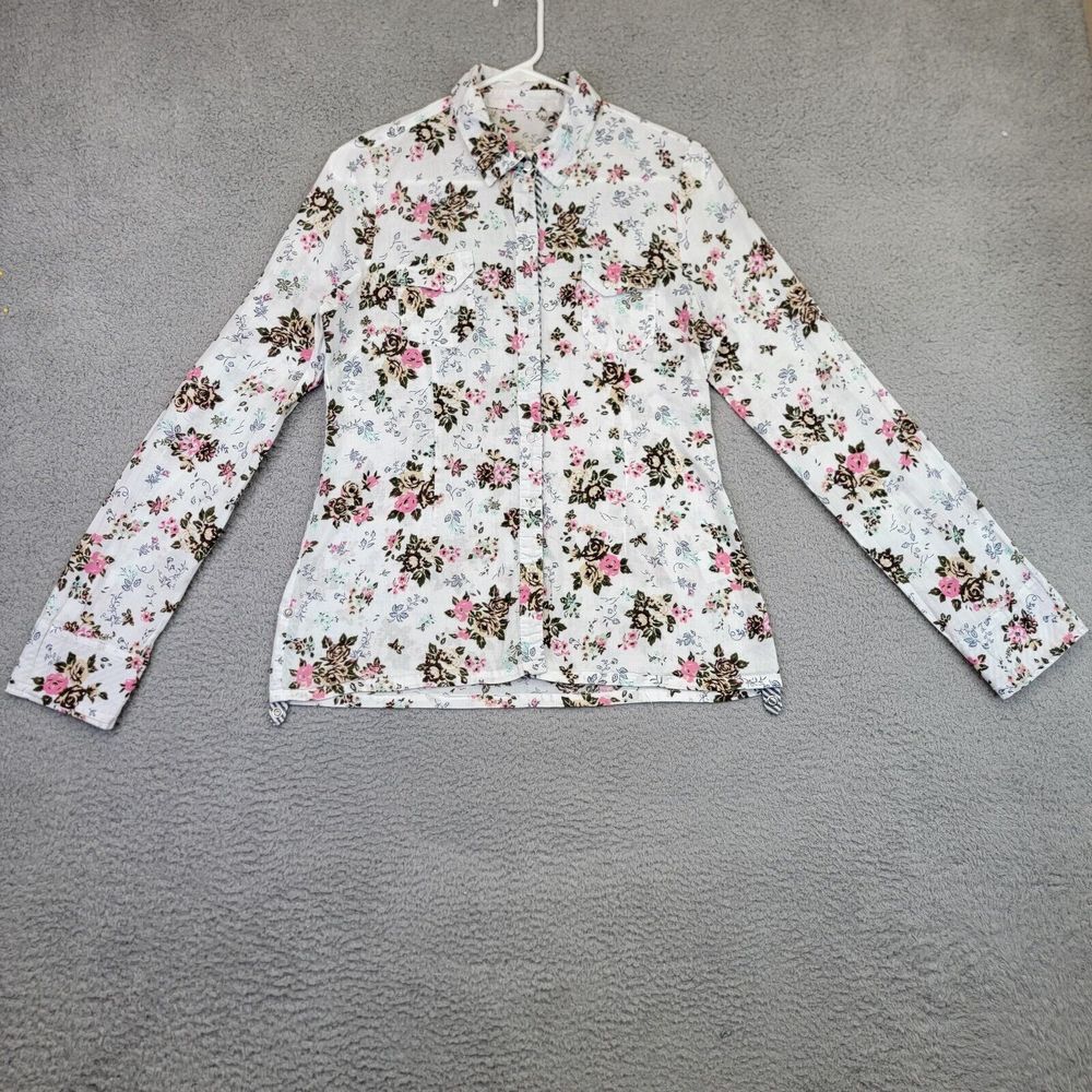 LEI Floral Western Shirt Juniors Large Lot of Two White Yellow Long‎ Sleeve Snap